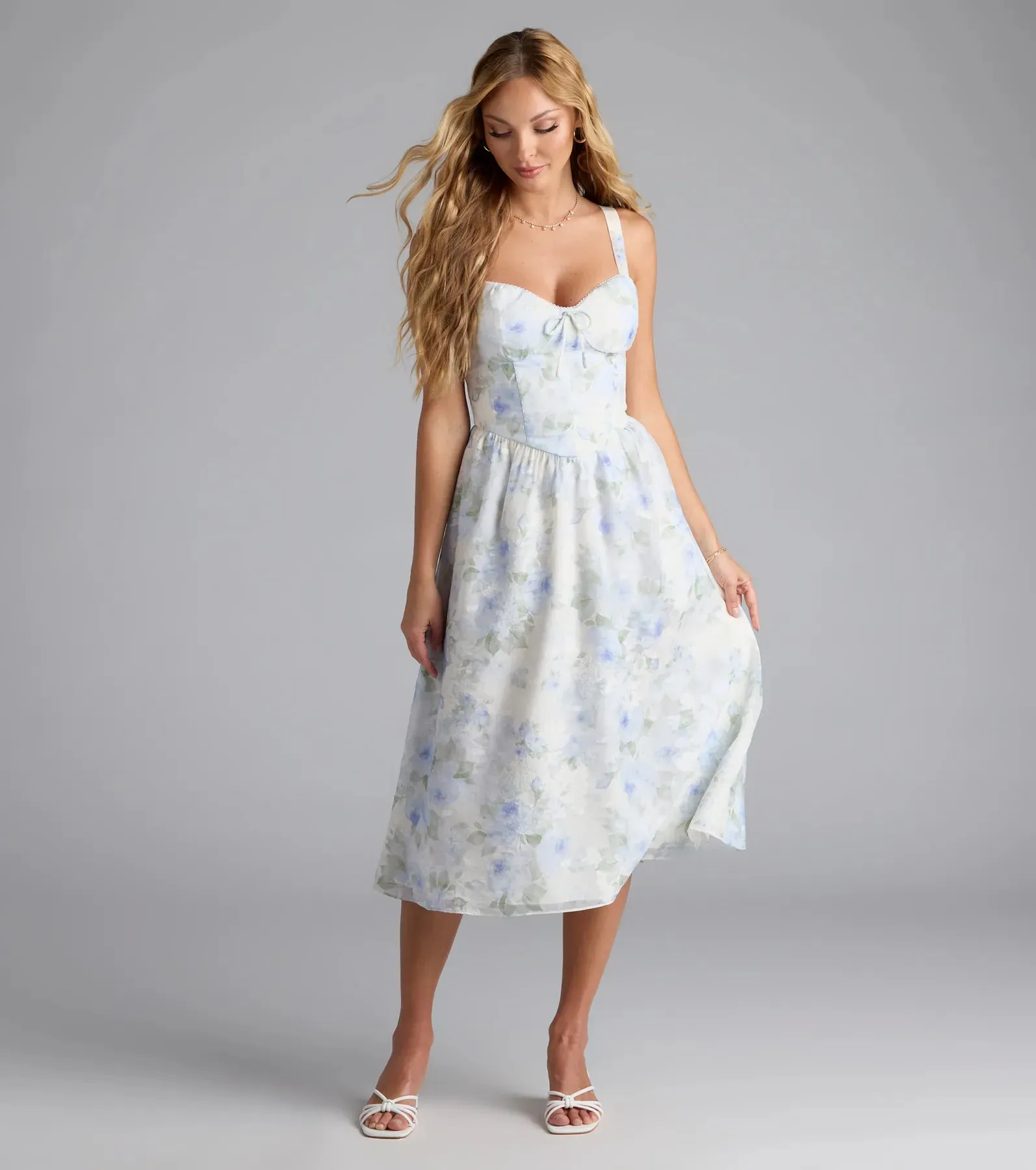 Charmed Sweetness Lace-Up Floral Chiffon Midi Dress sold by Windsor