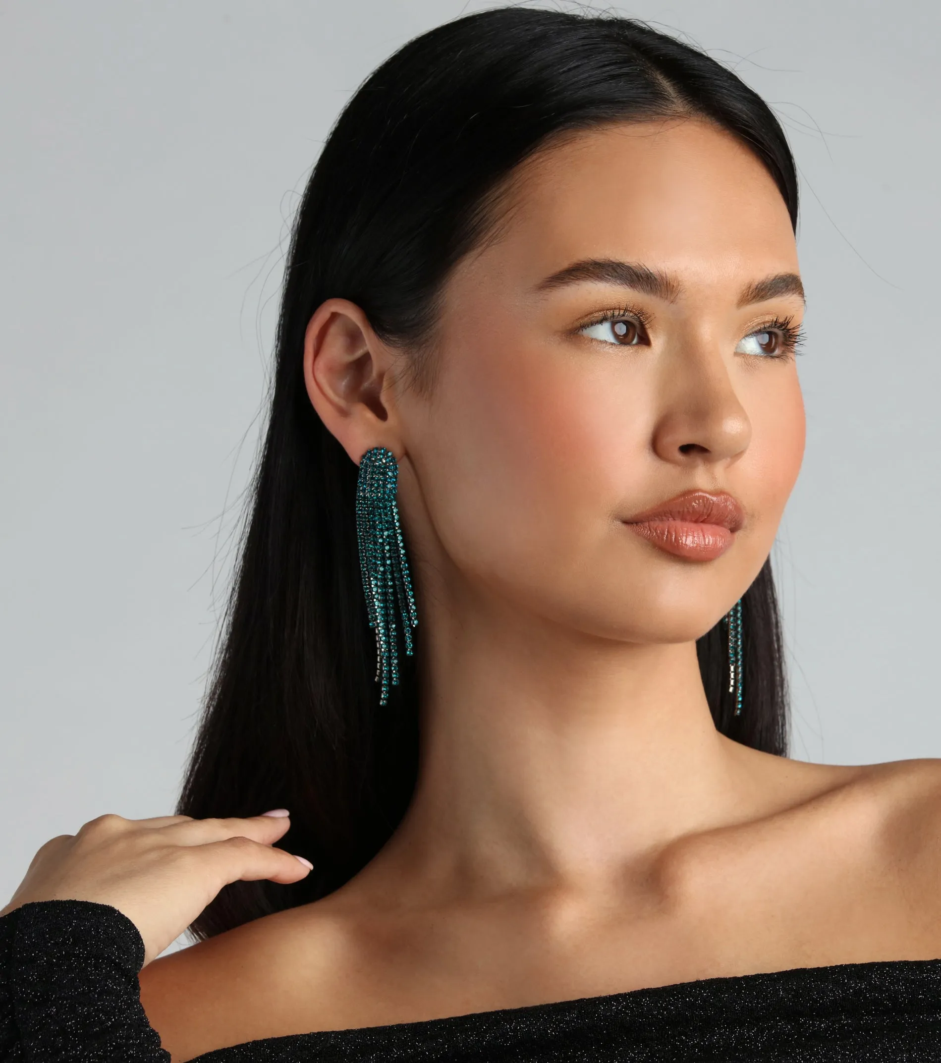 Draw Them In Rhinestone Fringe Earrings sold by Windsor