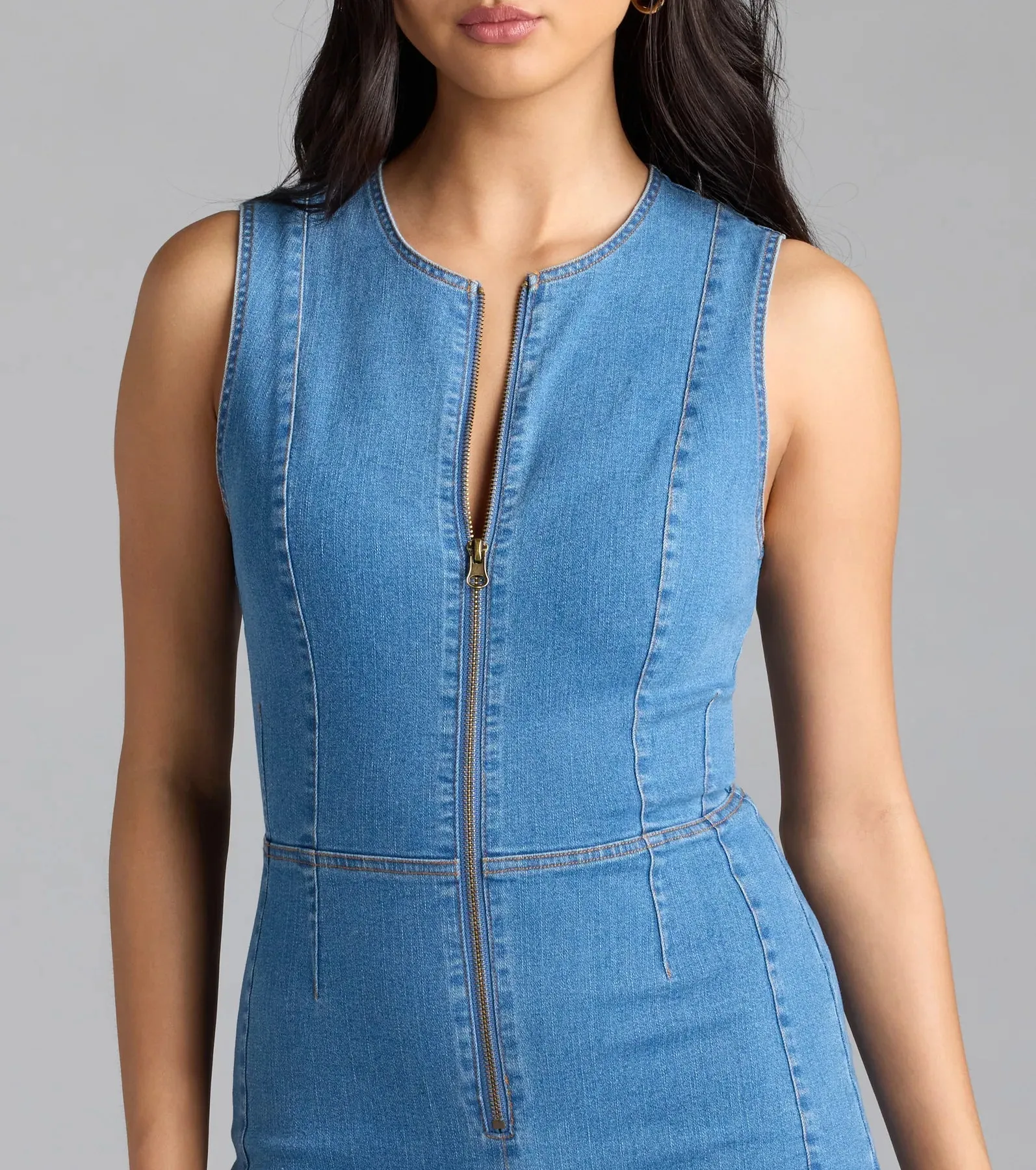 Doing The Most Sleeveless Zip-Up Denim Romper sold by Windsor product image thumbnail 4