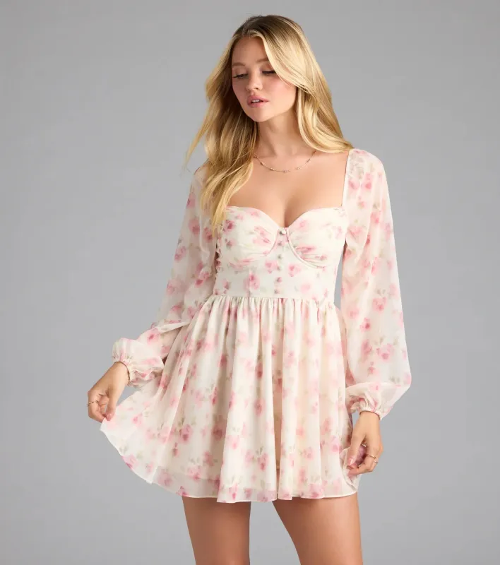 Elevated Outing Floral Long Sleeve Chiffon Skater Dress sold by Windsor