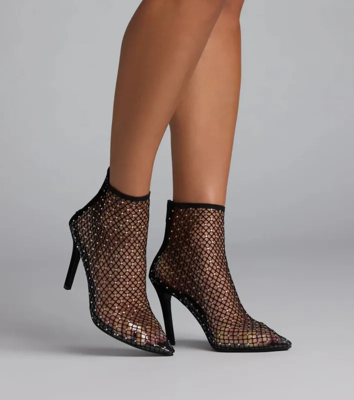 Up To No Good Rhinestone Fishnet Booties sold by Windsor