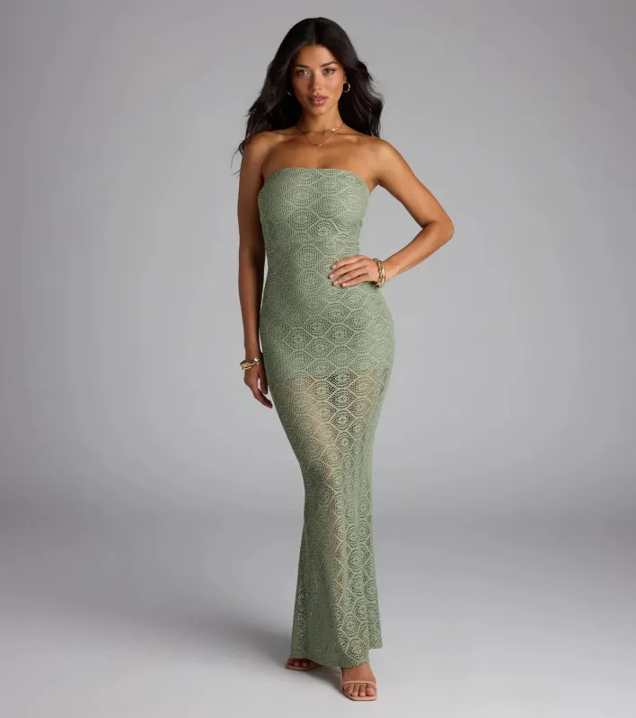 Wanting More Strapless Lace Knit Maxi Dress sold by Windsor