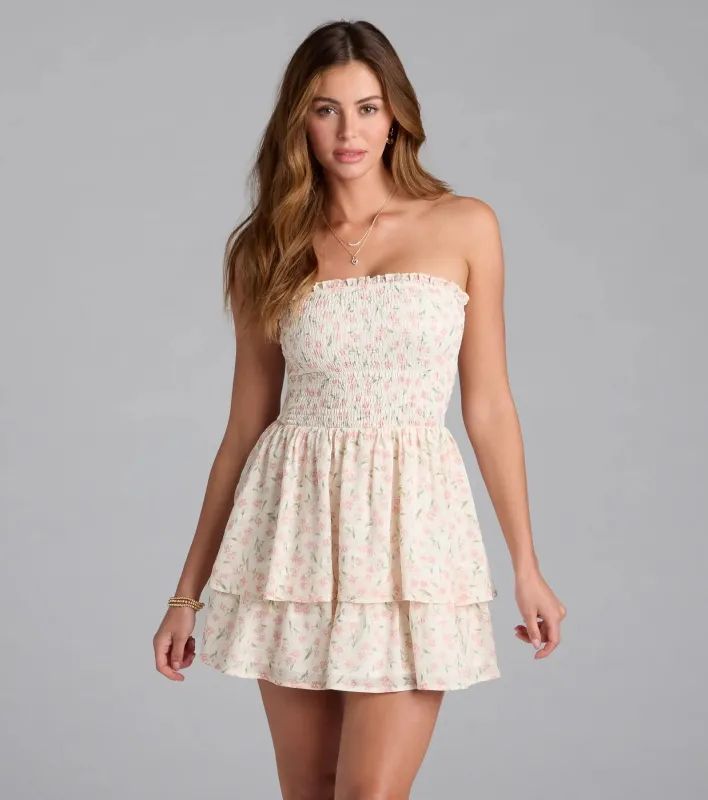 Floral Charm Ruffled Chiffon Tube Skater Dress sold by Windsor