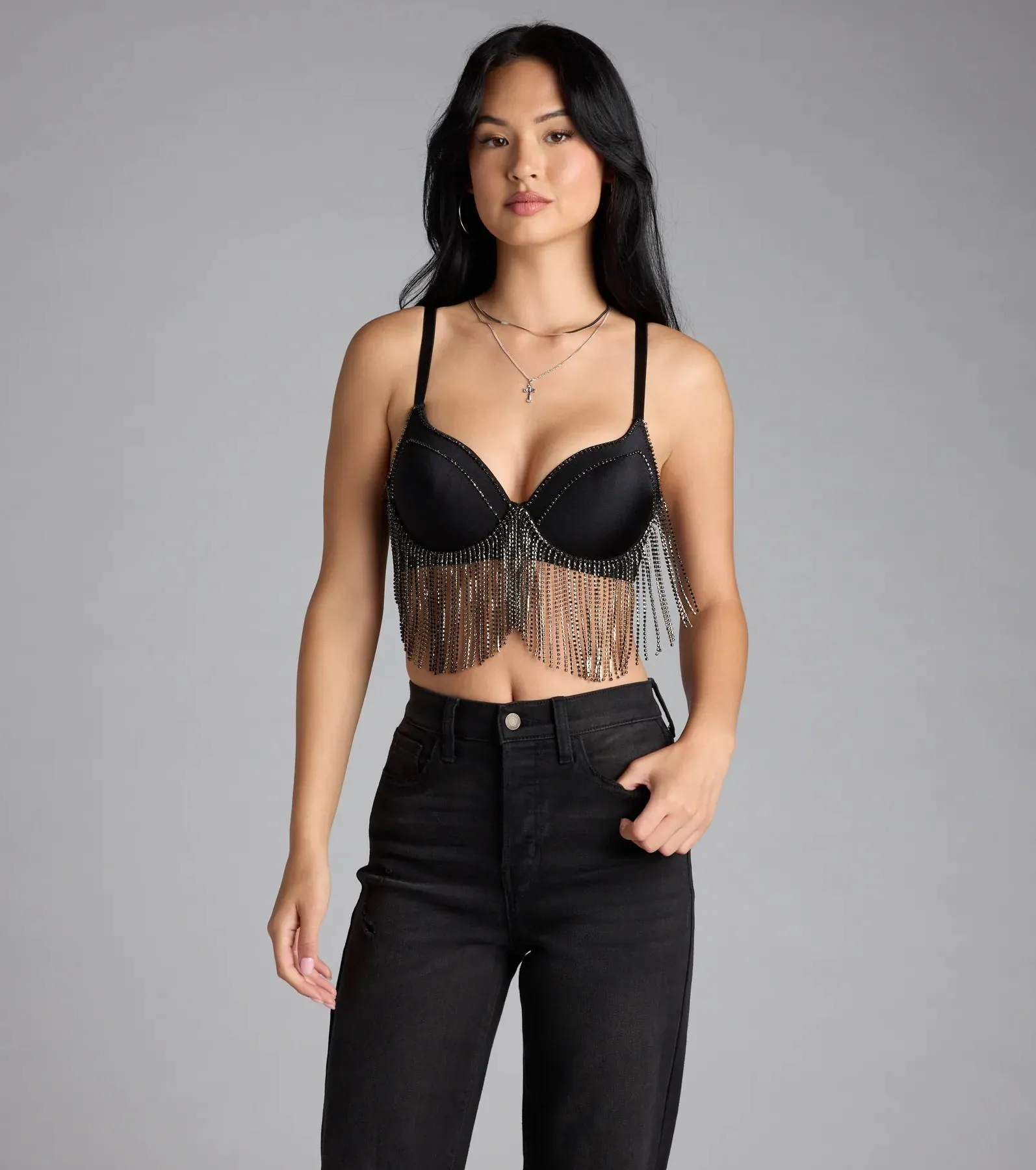 Watch Me Shine Rhinestone Fringe Bra Top sold by Windsor