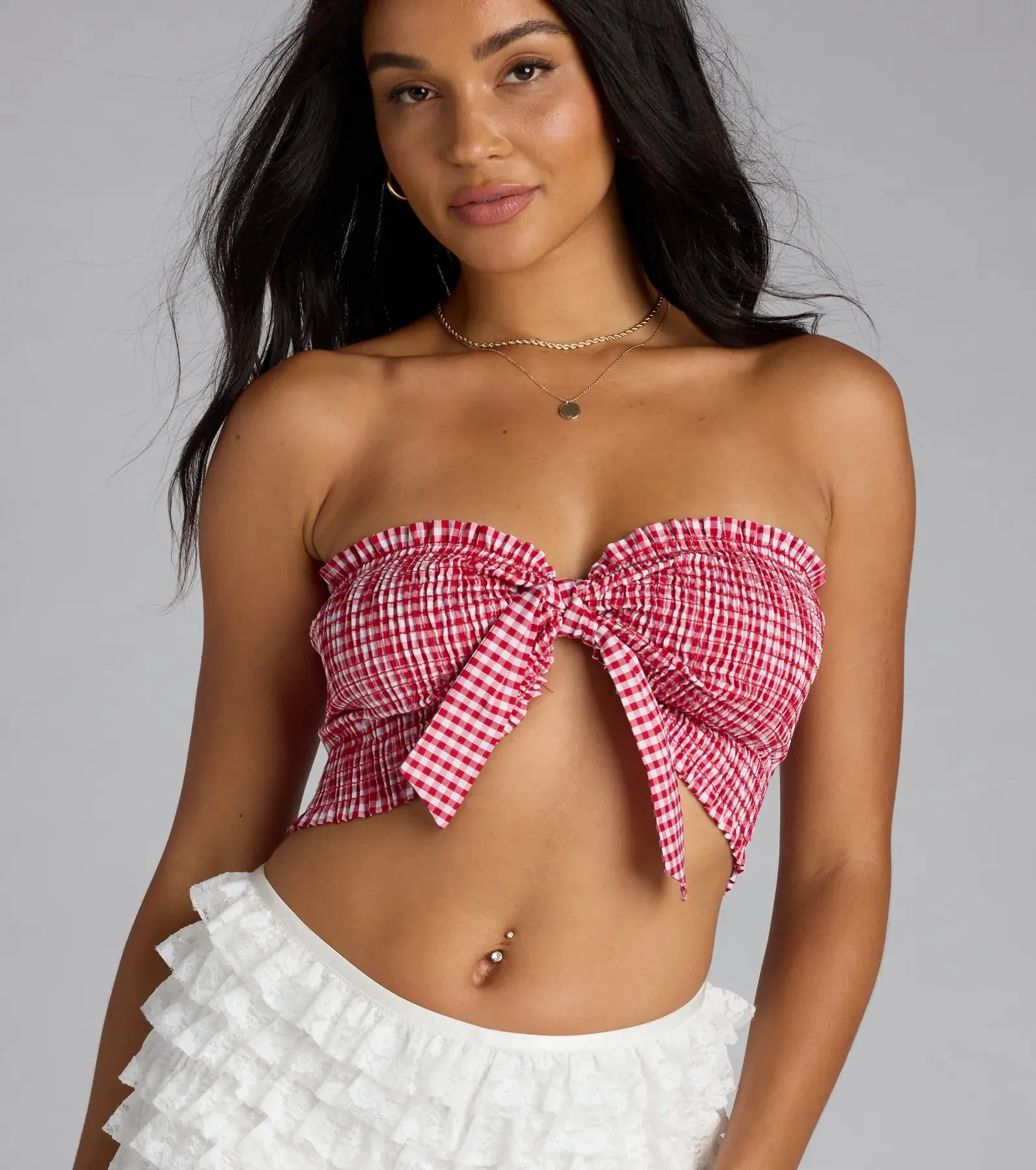 Girl Next Door Tie Front Gingham Tube Top sold by Windsor product image thumbnail 4