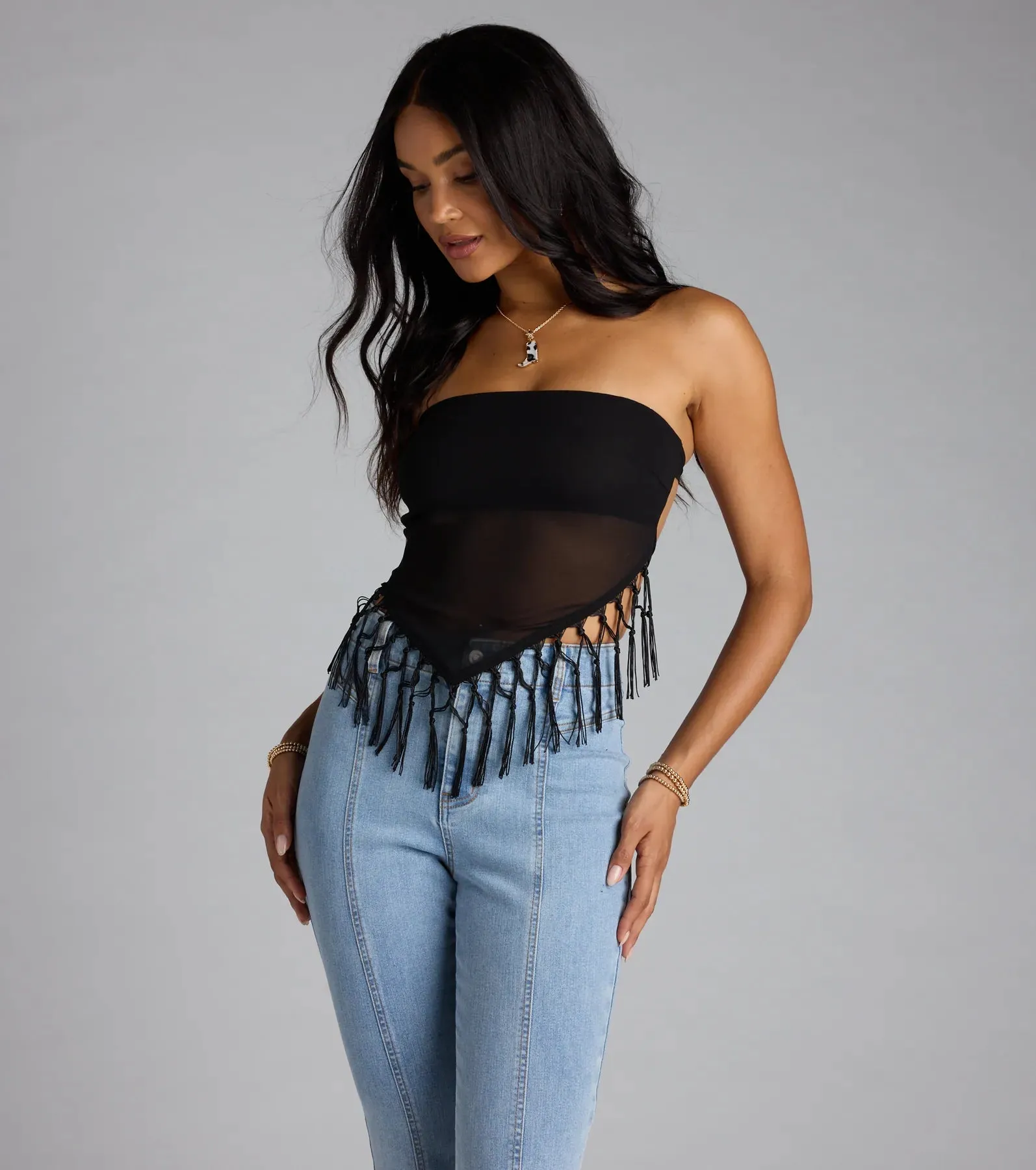 Love To Dance Strappy Back Fringe Tube Crop Top sold by Windsor