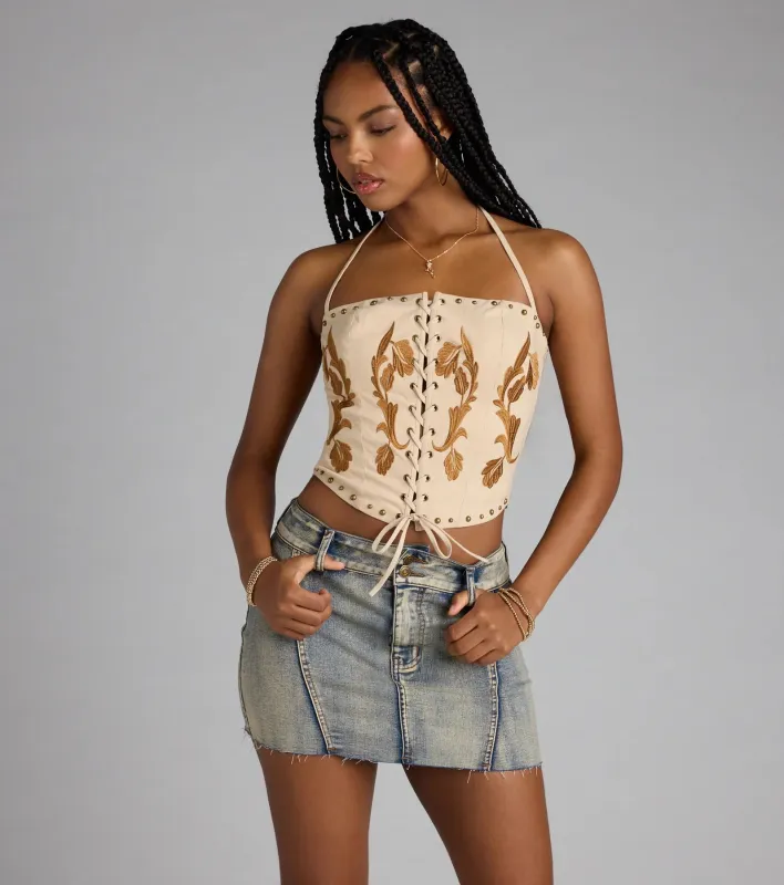Legendary Vibes Lace-Up Halter Stud Corset Top sold by Windsor