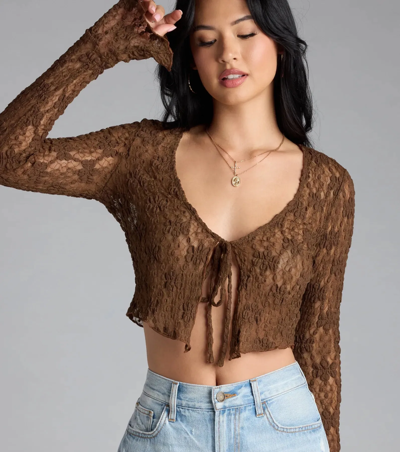 Breezy Sheer Lace Tie-Front Top sold by Windsor product image thumbnail 4