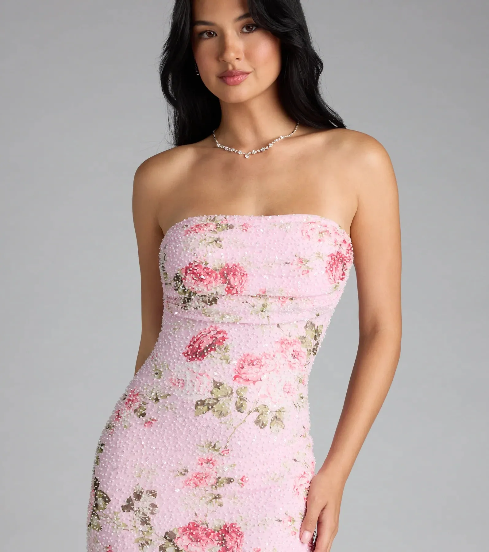 Louisa Strapless Floral Beaded Mesh Mini Dress sold by Windsor product image thumbnail 4