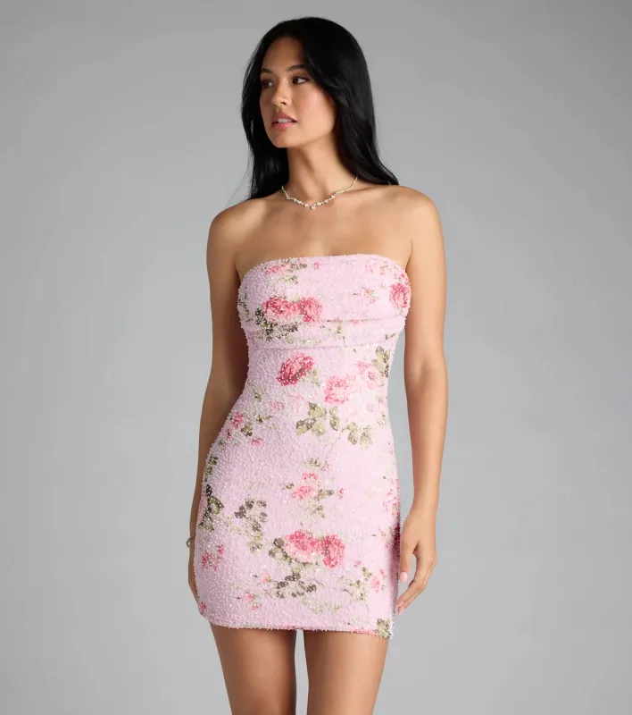 Louisa Strapless Floral Beaded Mesh Mini Dress sold by Windsor