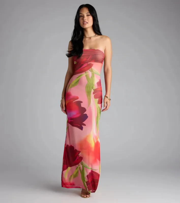 Feelin' Bold Floral Mesh Strapless Maxi Dress sold by Windsor