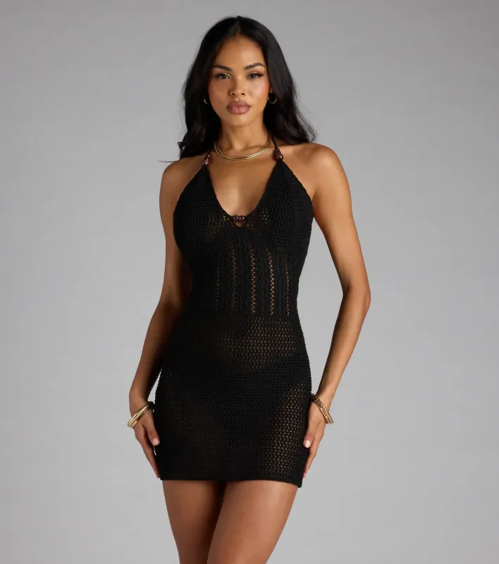 Sultry For The Summer Crochet Halter Mini Dress sold by Windsor