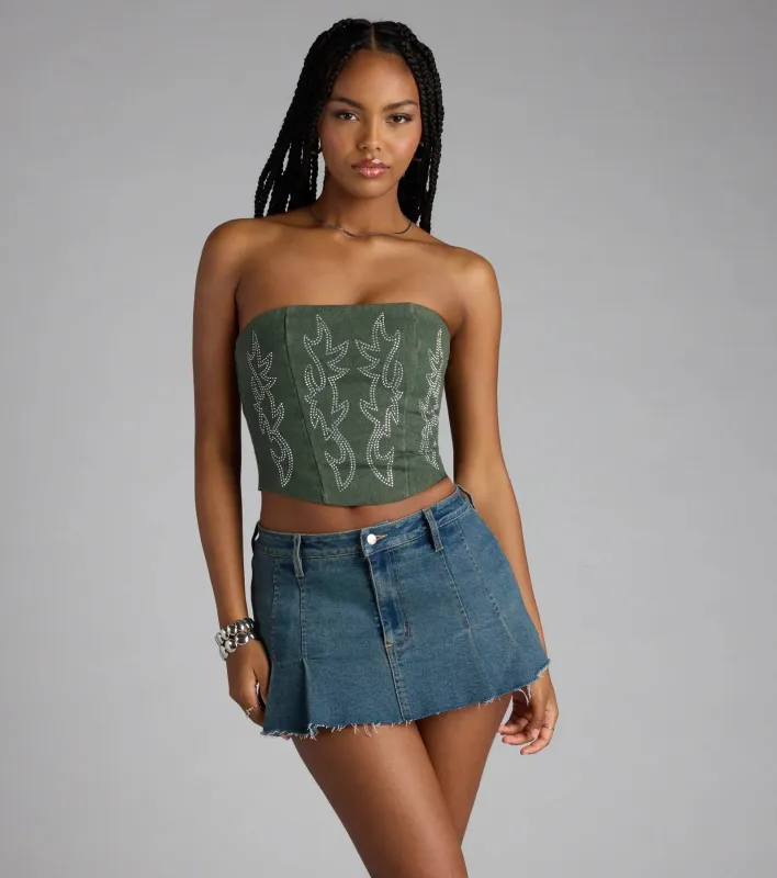 Glam Heat Rhinestone Flame Denim Corset Top sold by Windsor