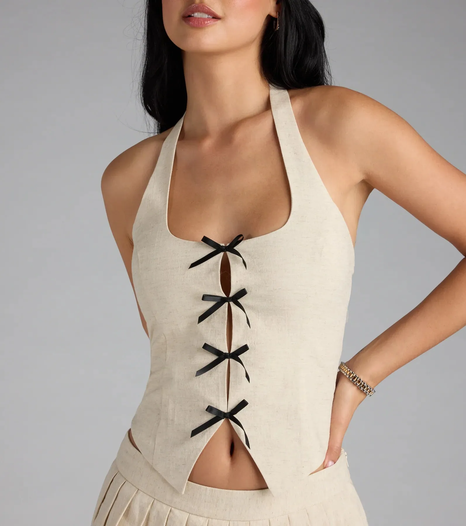 Adorably Chic Bow-Trim Linen Halter Top sold by Windsor product image thumbnail 4