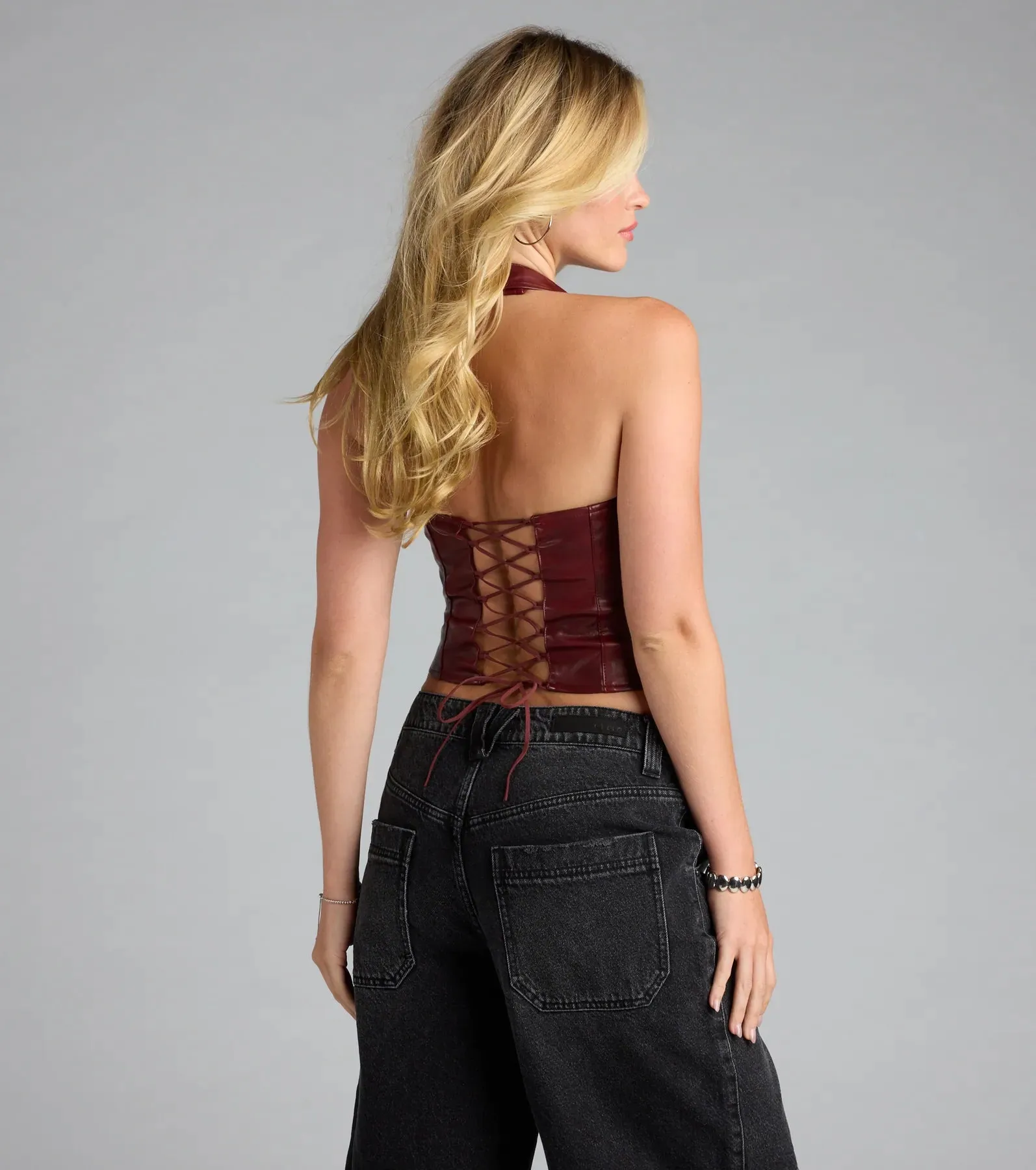 Alluring Edge Faux Leather Lace-Up Halter Top sold by Windsor product image thumbnail 2