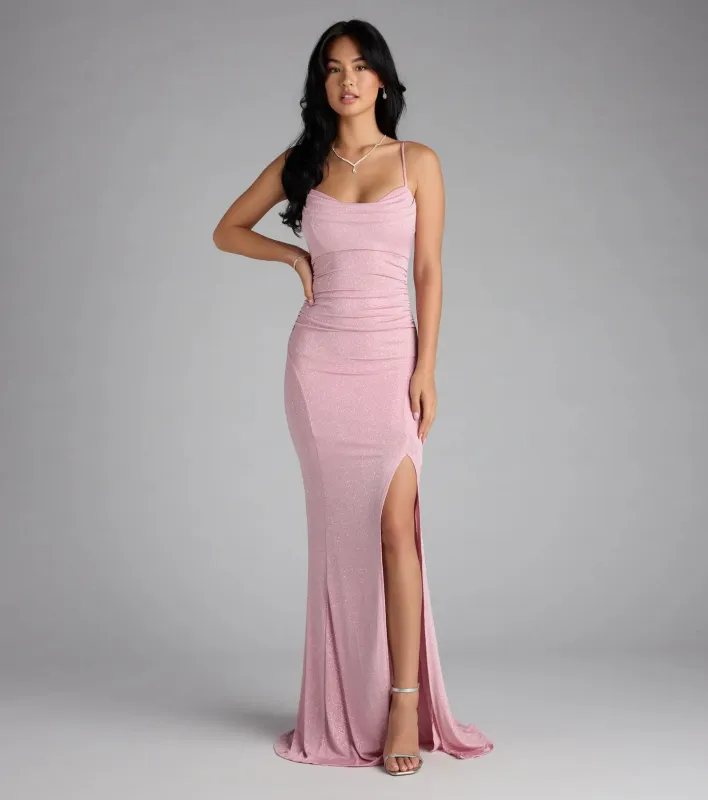 Aylani Cowl Neck Slit Mermaid Glitter Formal Dress sold by Windsor