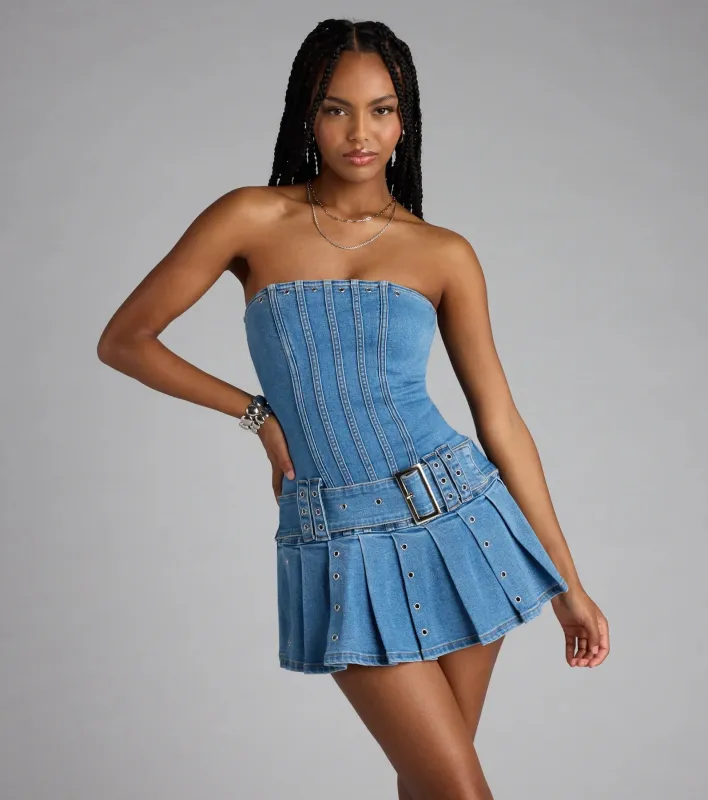 Belt It Babe Strapless Denim Mini Dress sold by Windsor