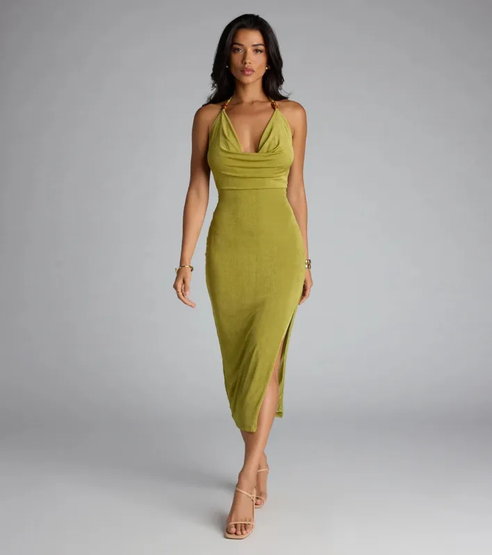 Chic Paradise Halter Open Back Slit Midi Dress sold by Windsor