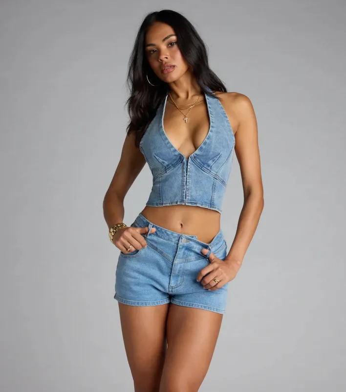 Serving Curves Denim Halter Corset Top sold by Windsor