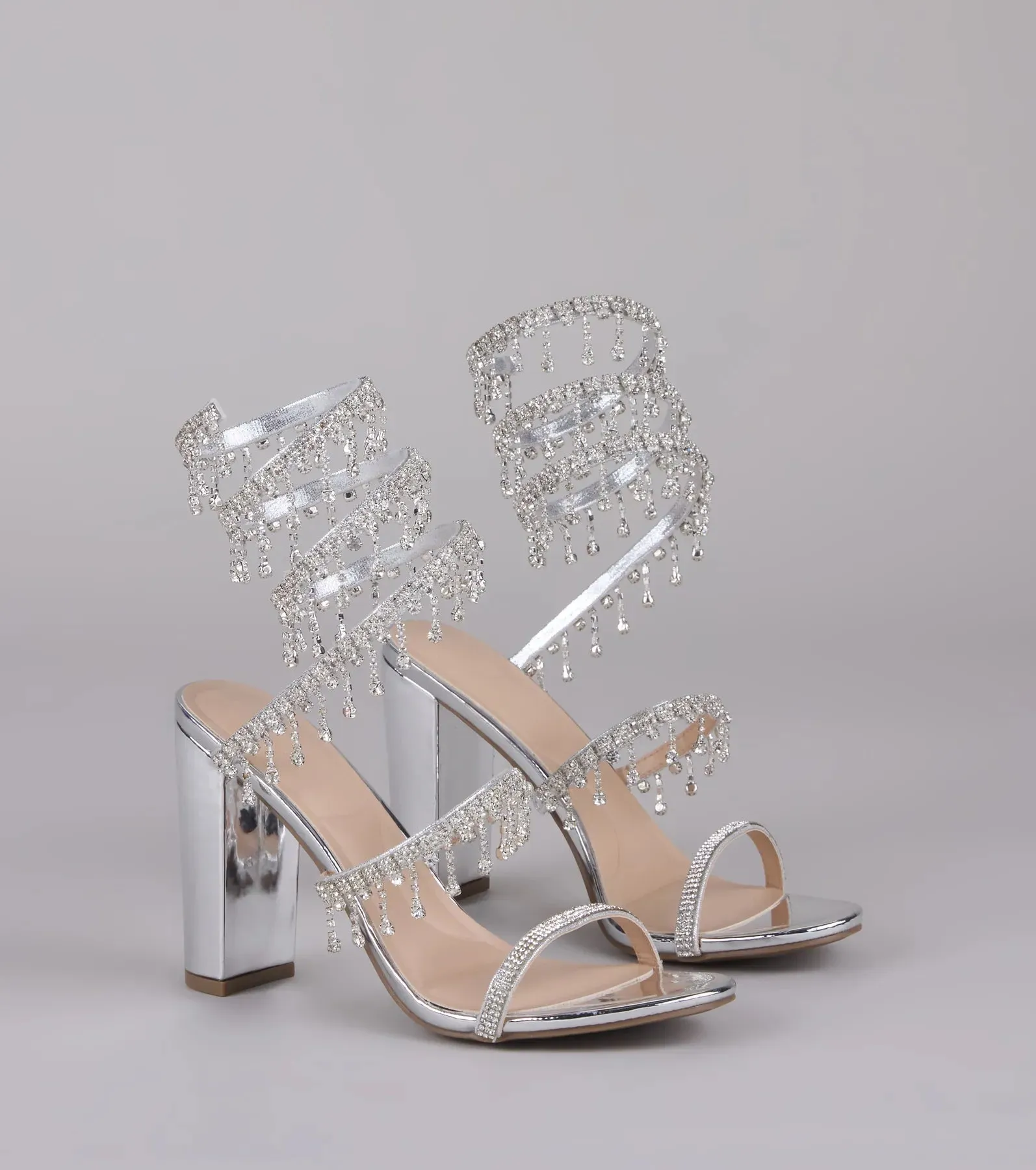 Keep It Gorgeous Rhinestone Spiral Block Heels sold by Windsor