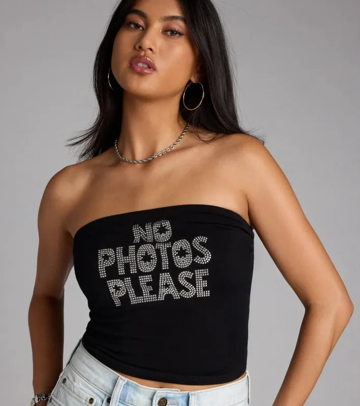Rhinestone No Photos Please Tube Top sold by Windsor