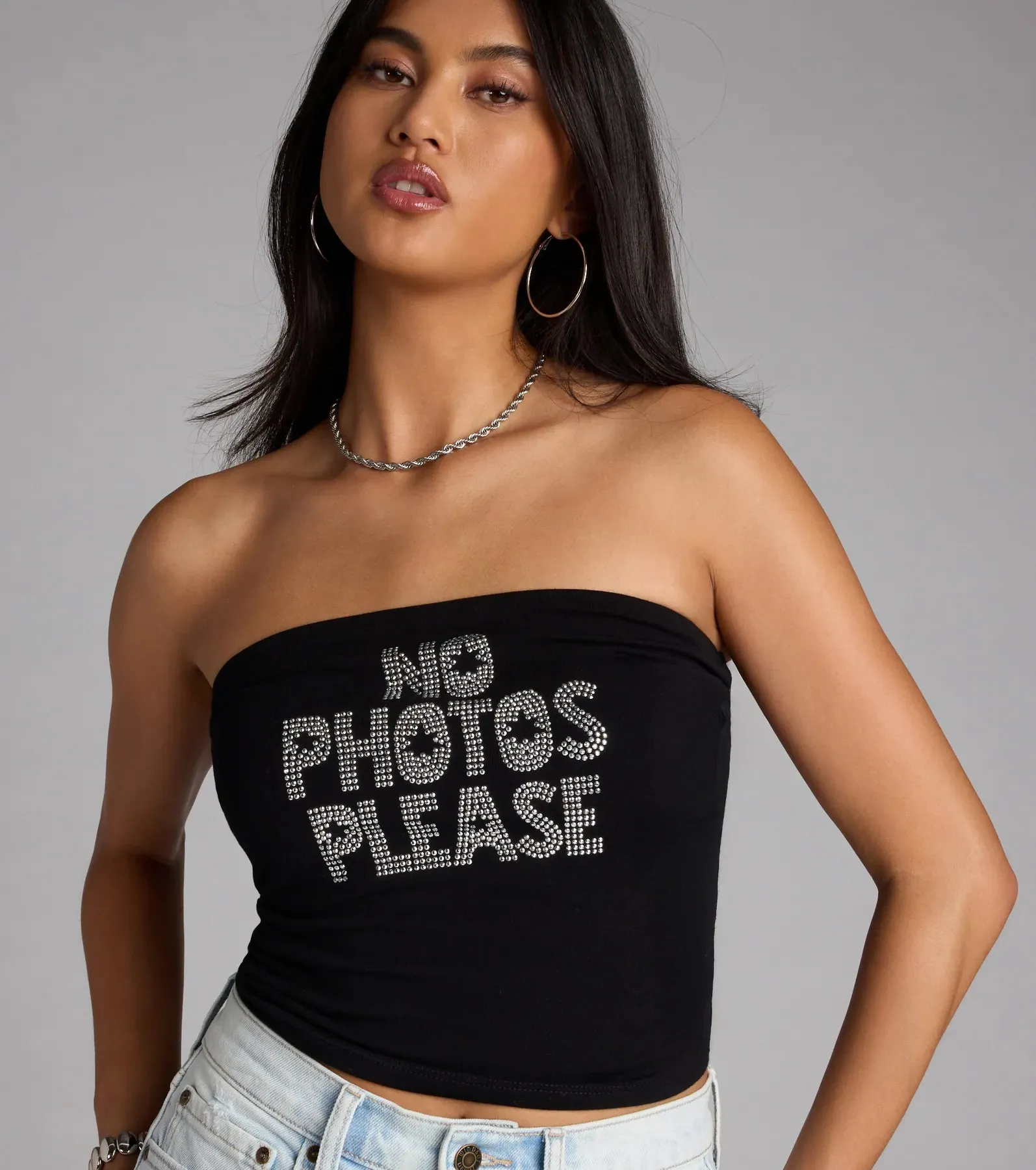 Rhinestone No Photos Please Tube Top sold by Windsor