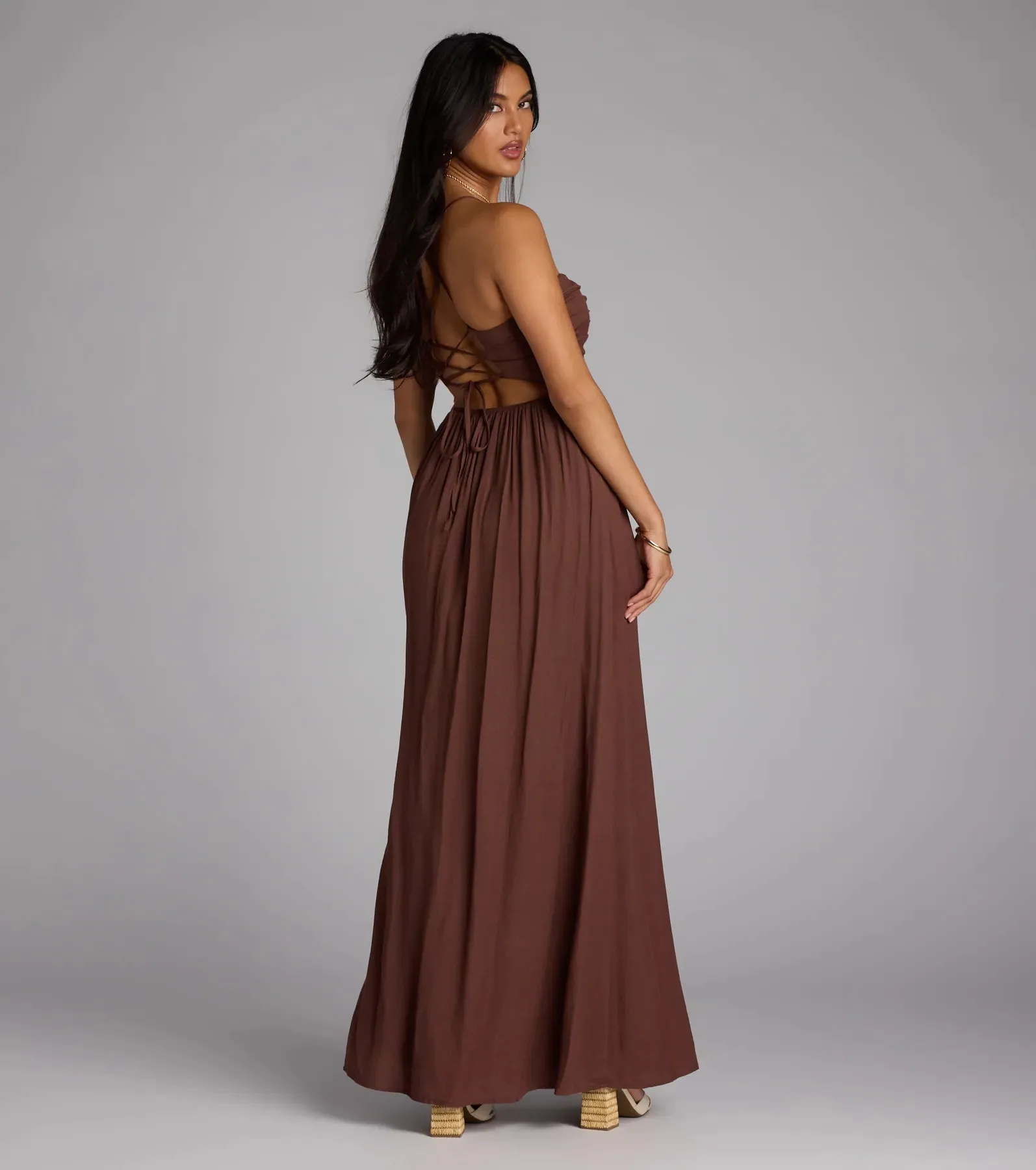 Eyes On You Lace-Up Slit Maxi Dress sold by Windsor product image thumbnail 2