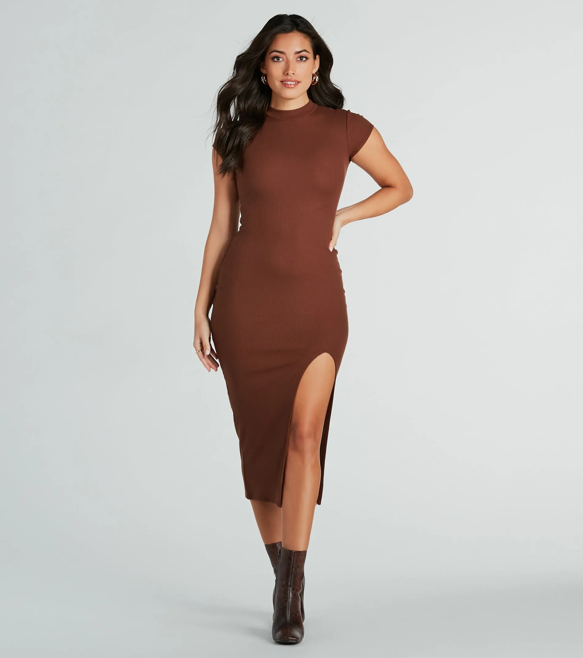 Sweet Demeanor Mock Neck Ribbed Knit Midi Dress sold by Windsor