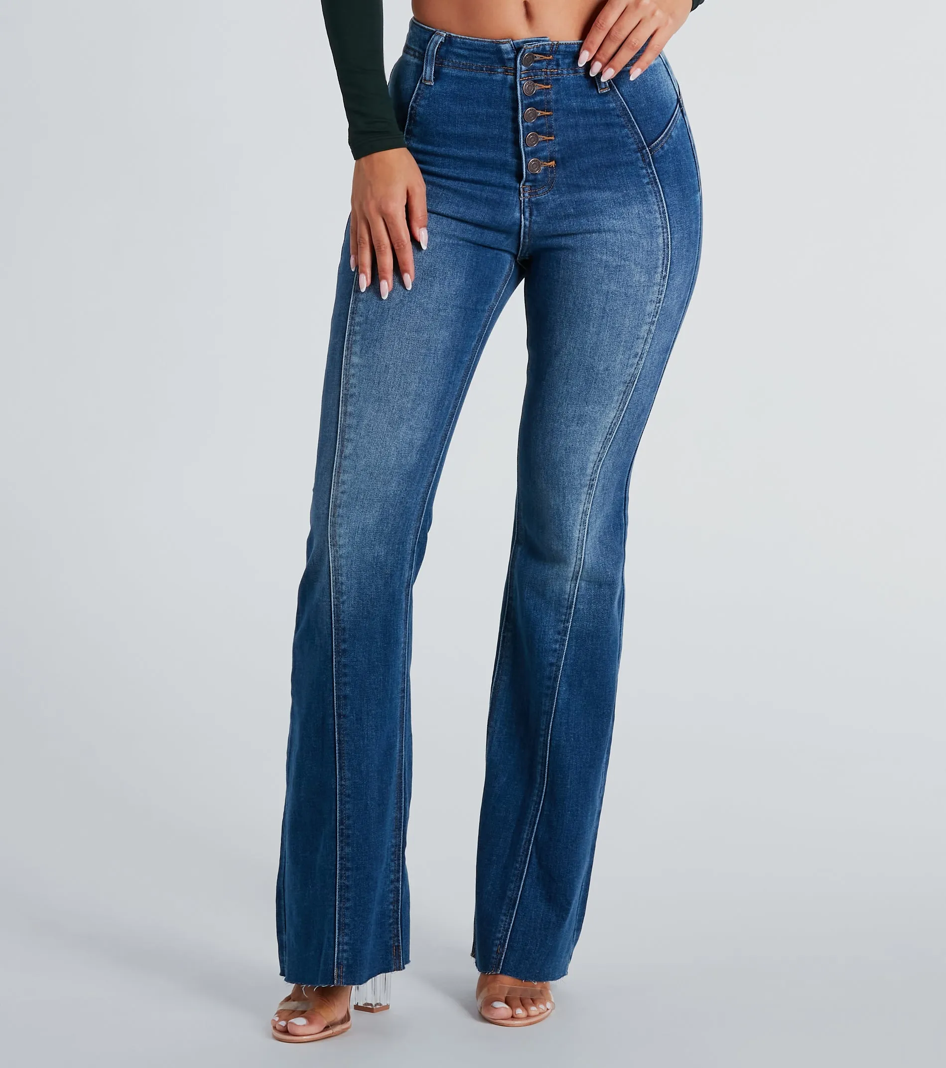 All Buttoned Up High-Rise Flare Denim Jeans sold by Windsor
