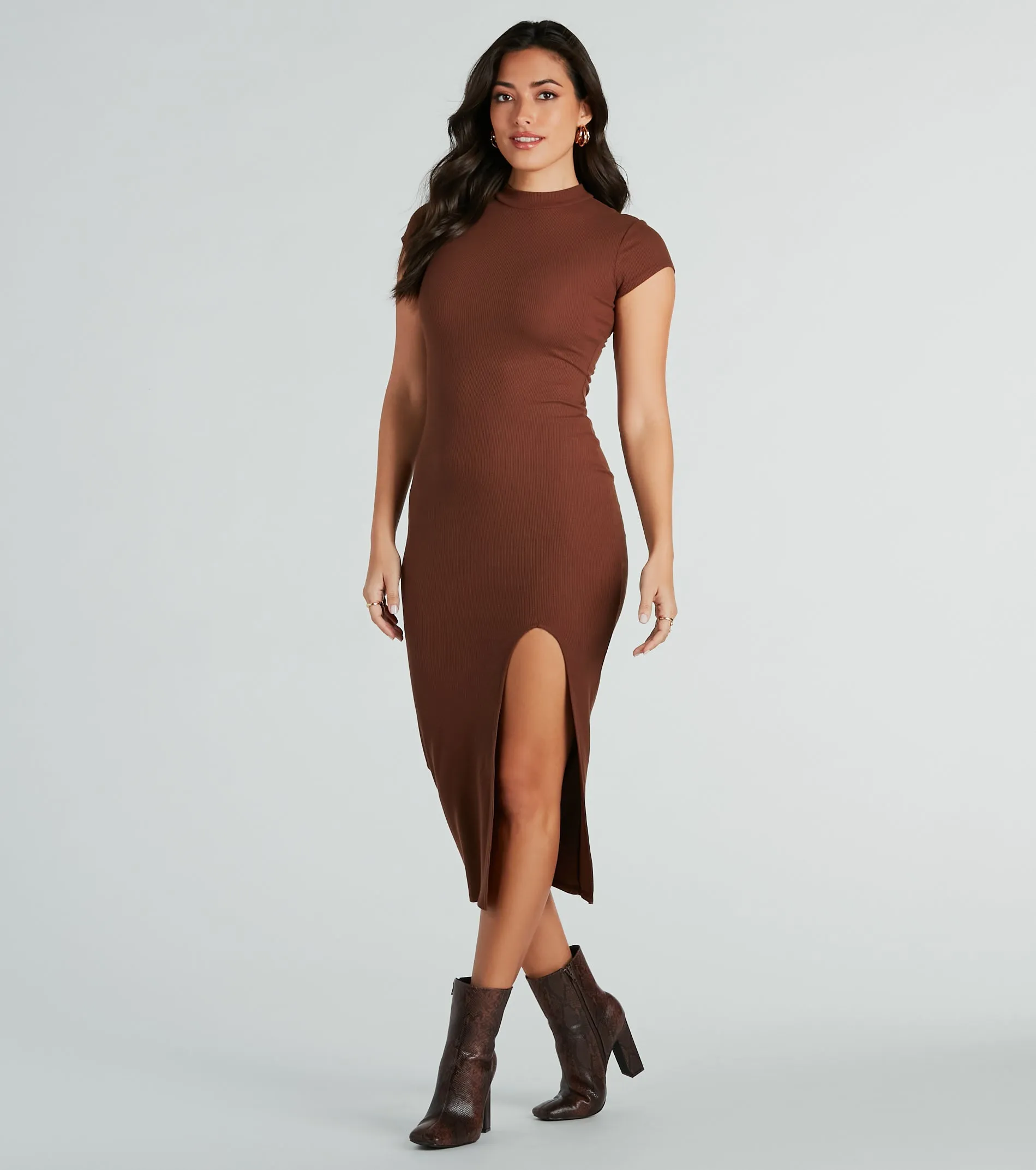 Sweet Demeanor Mock Neck Ribbed Knit Midi Dress sold by Windsor product image thumbnail 3