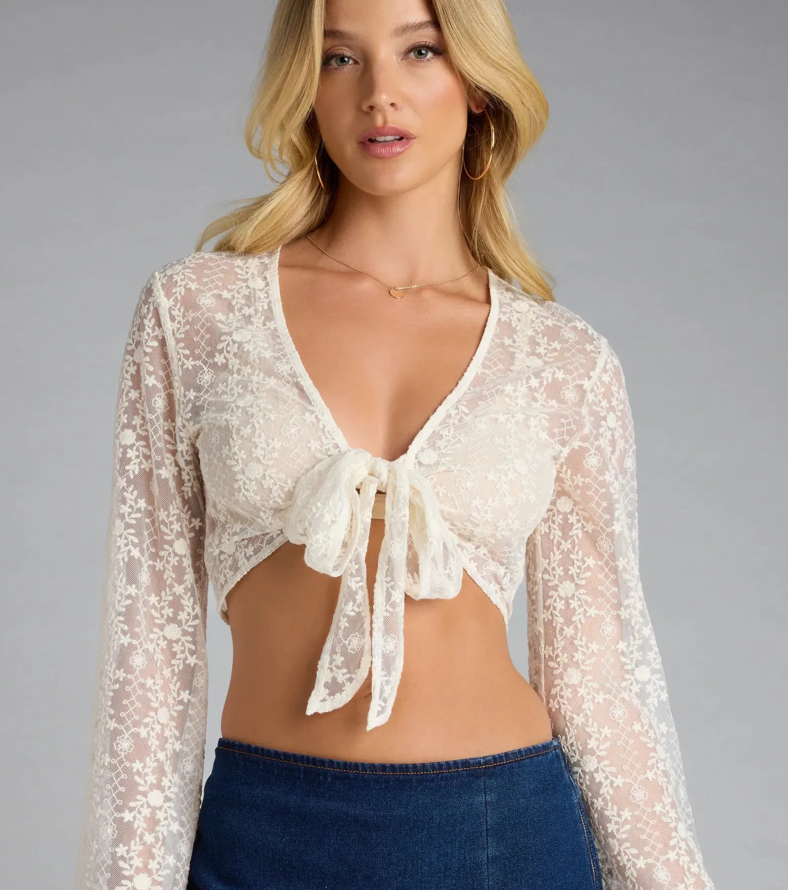 Sweetly Sheer Lace Tie Front Crop Top sold by Windsor product image thumbnail 4