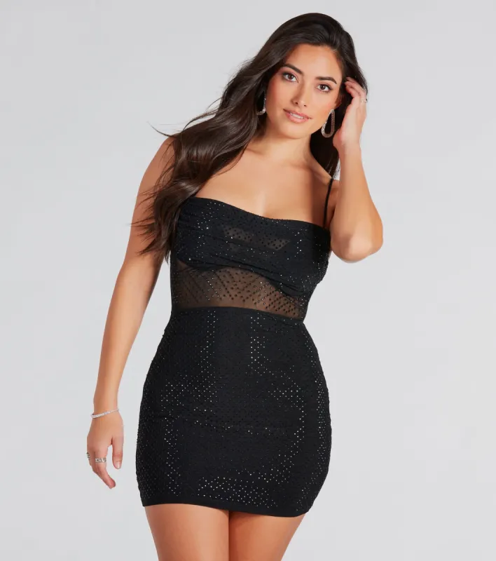 Feel The Sparkle Rhinestone Cowl Mini Dress sold by Windsor