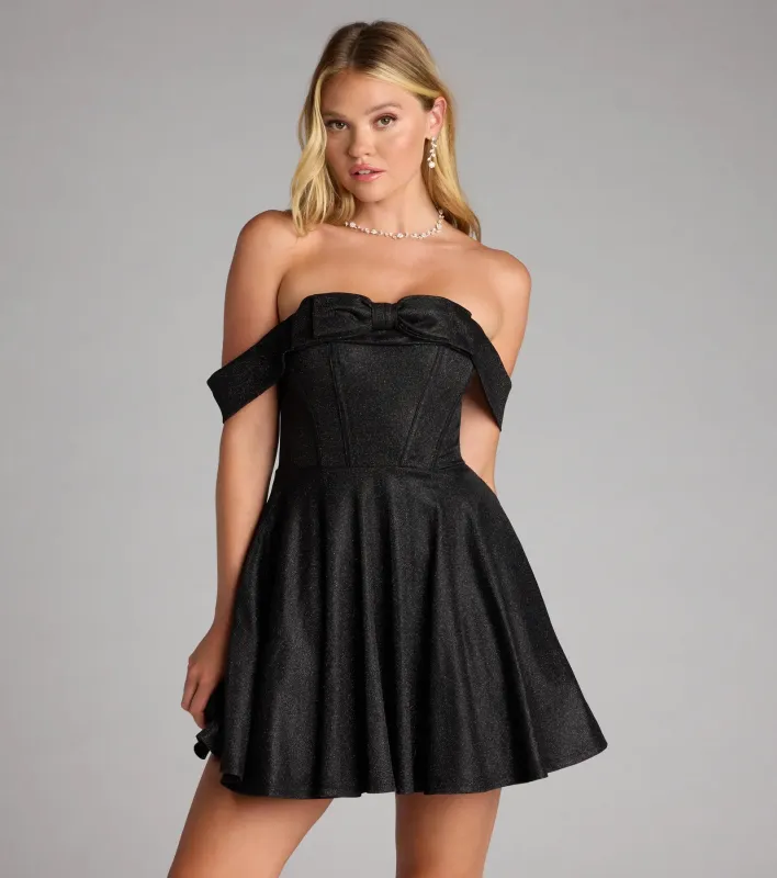 Maria Glitter Bow Off-The-Shoulder Skater Dress sold by Windsor