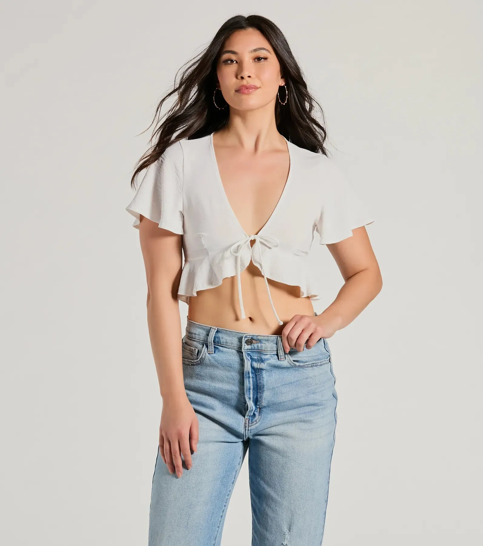 Sweeten Me Up Flutter Sleeve Tie Front Crop Top sold by Windsor