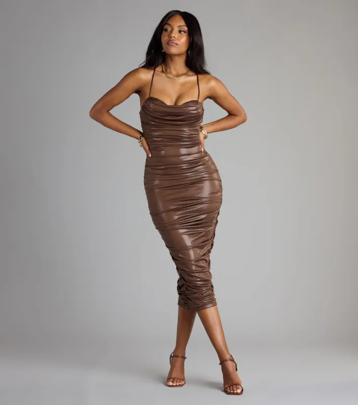 Sultry Confidence Lace-Up Ruched Midi Dress sold by Windsor