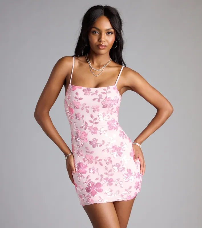 Bloom Boldly Sequin Floral Tie-Back Mini Dress sold by Windsor