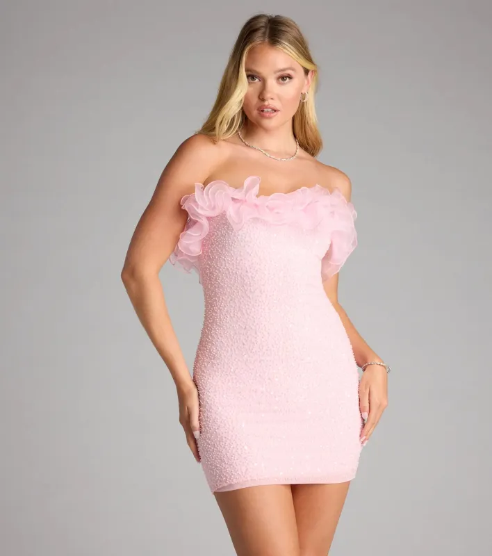 Linda Strapless Ruffle Beaded Mini Dress sold by Windsor