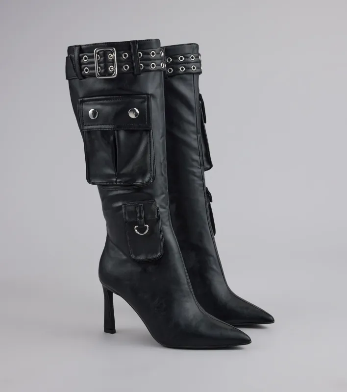 Hot on the Heist Buckled Pocket Stiletto Boots sold by Windsor