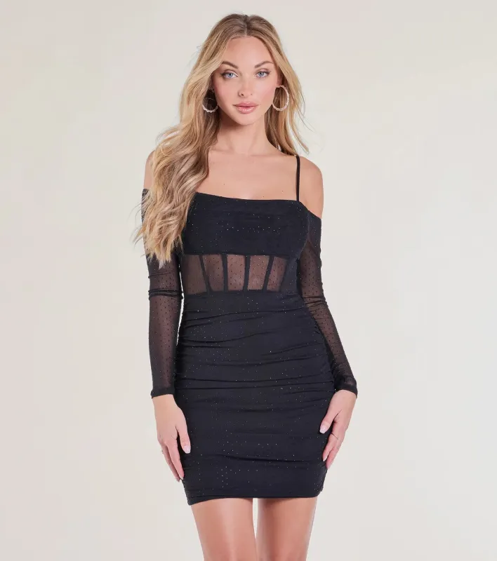 Hit The Town Off-The-Shoulder Rhinestone Mesh Mini Dress sold by Windsor