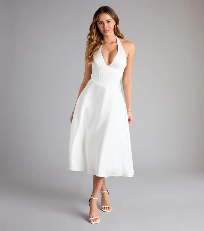 Love At First Twirl Halter Corset Satin Midi Dress sold by Windsor