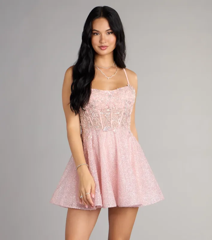 Athena Glitter Corset Lace-Up Skater Dress sold by Windsor