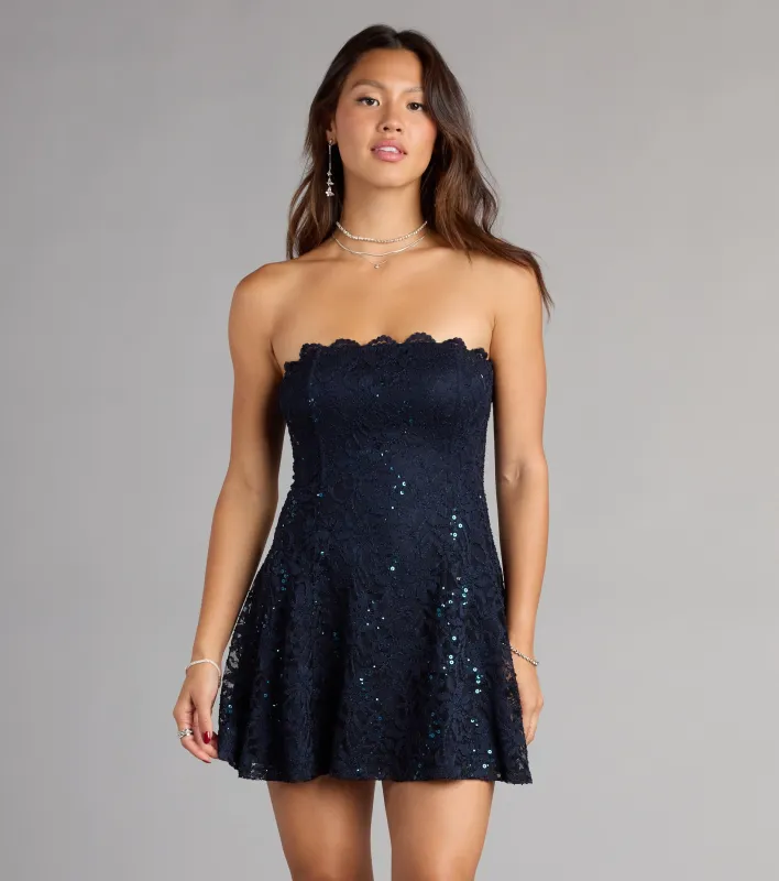 Dazzle Hour Strapless Lace Skater Dress sold by Windsor