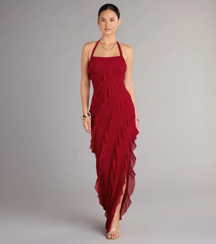 Marley Halter Ruffle Slit Formal Dress sold by Windsor