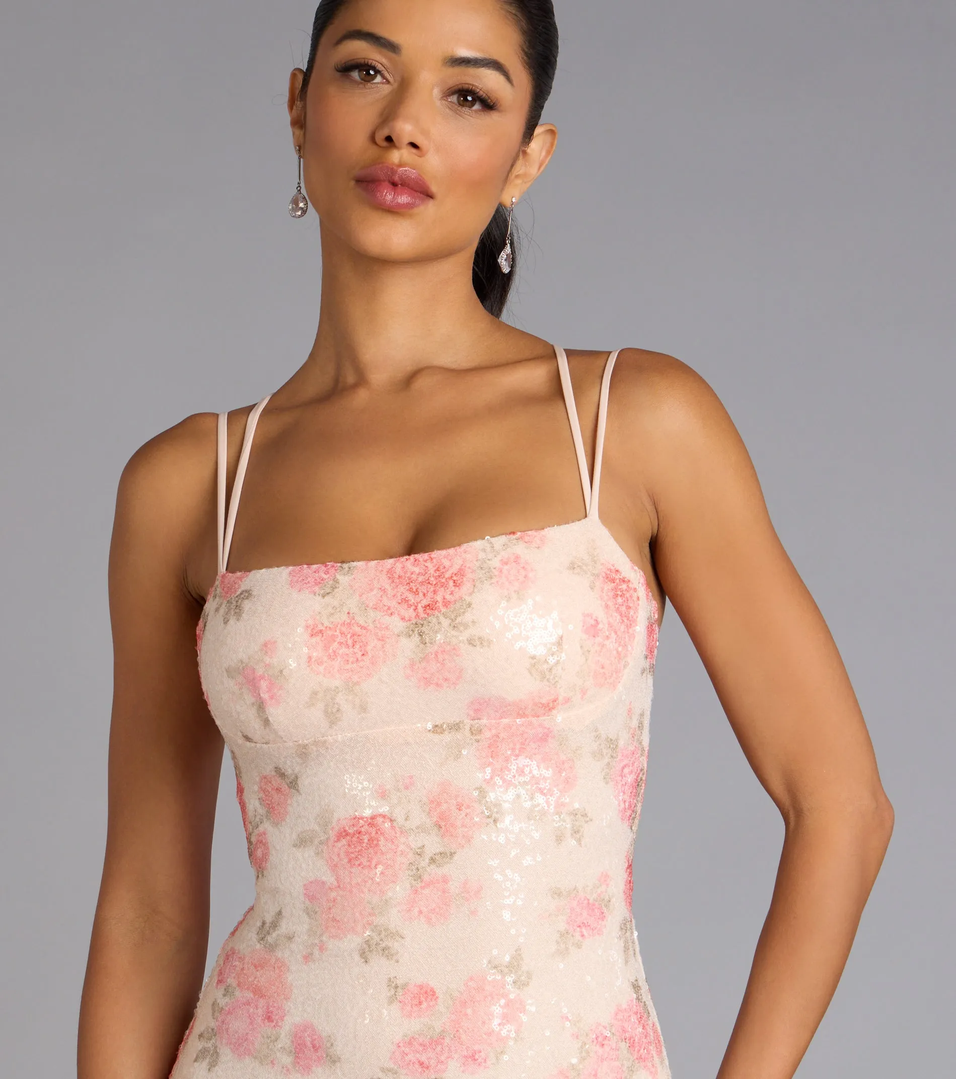 Rosé All Day Floral Lace-Up Sequin Mini Dress sold by Windsor product image thumbnail 4