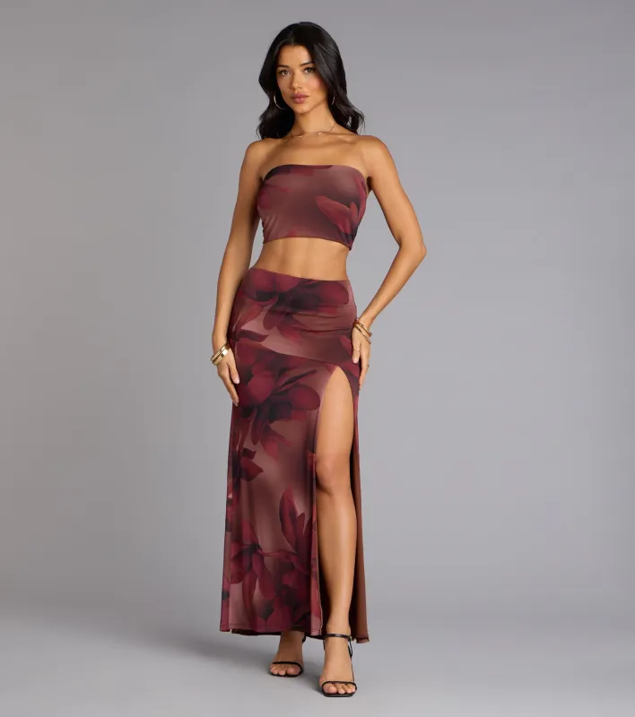Blooming Allure Floral Mesh High-Slit Maxi Skirt sold by Windsor