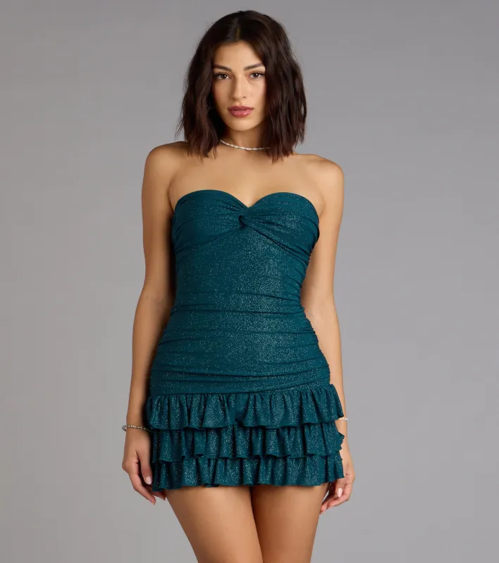 Party Perfect Glitter Knit Strapless Ruffle Mini Dress sold by Windsor