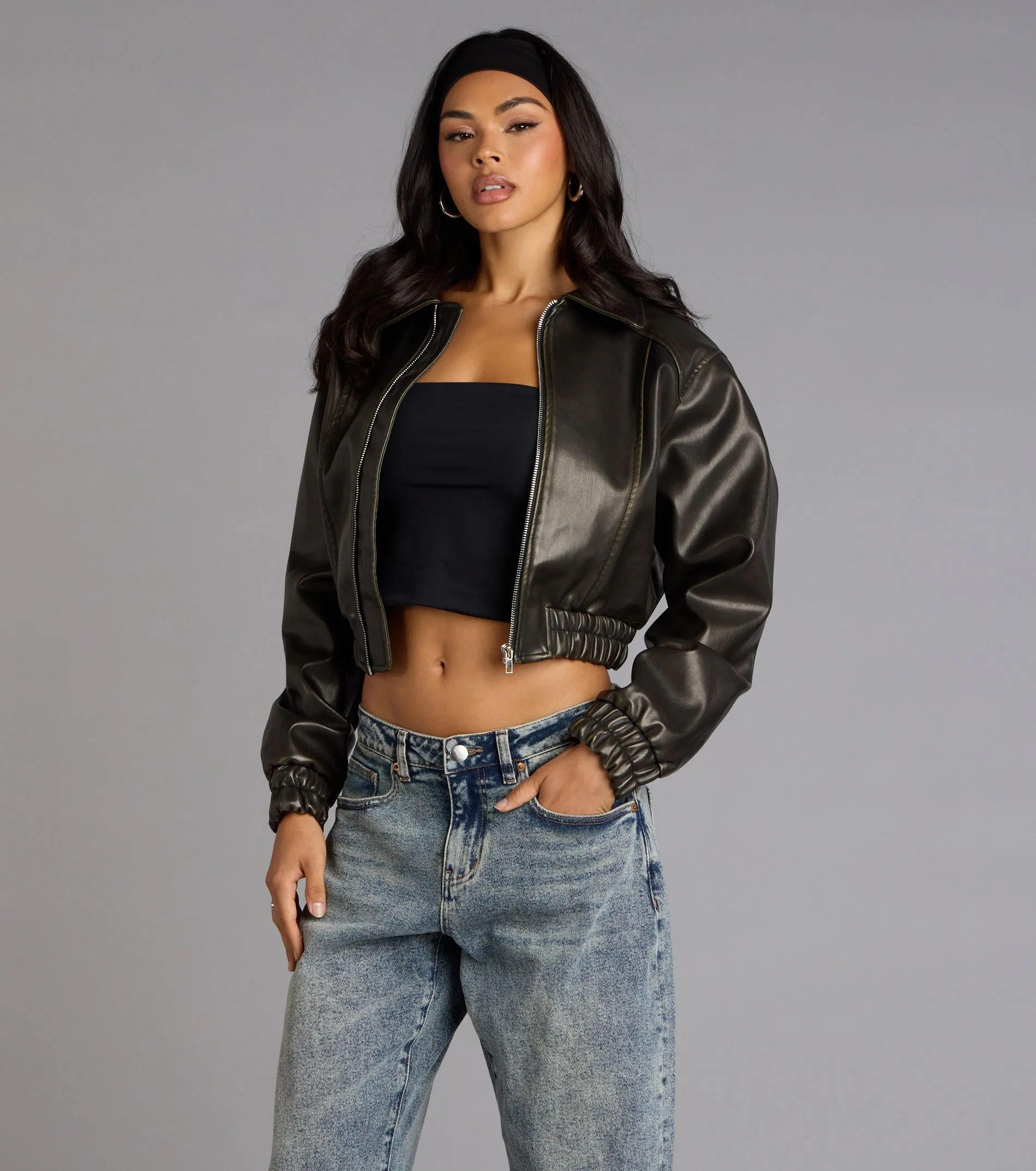 Cool Factor Faux Leather Bomber Jacket sold by Windsor product image thumbnail 2