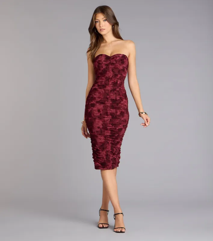 Velvet Bloom Flocked Floral Strapless Midi Dress sold by Windsor