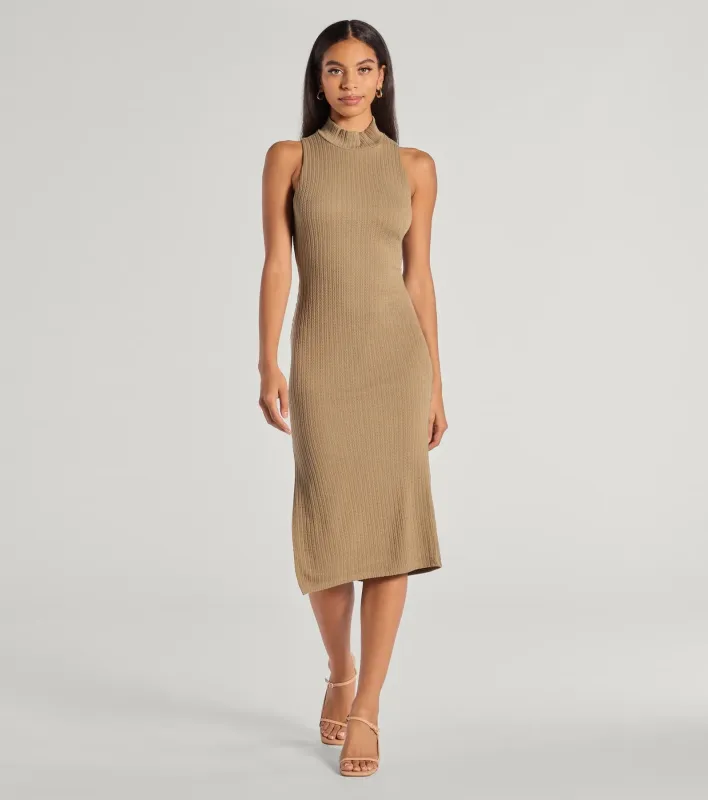 She's Stylish Mock Neck Cable Knit Midi Dress sold by Windsor