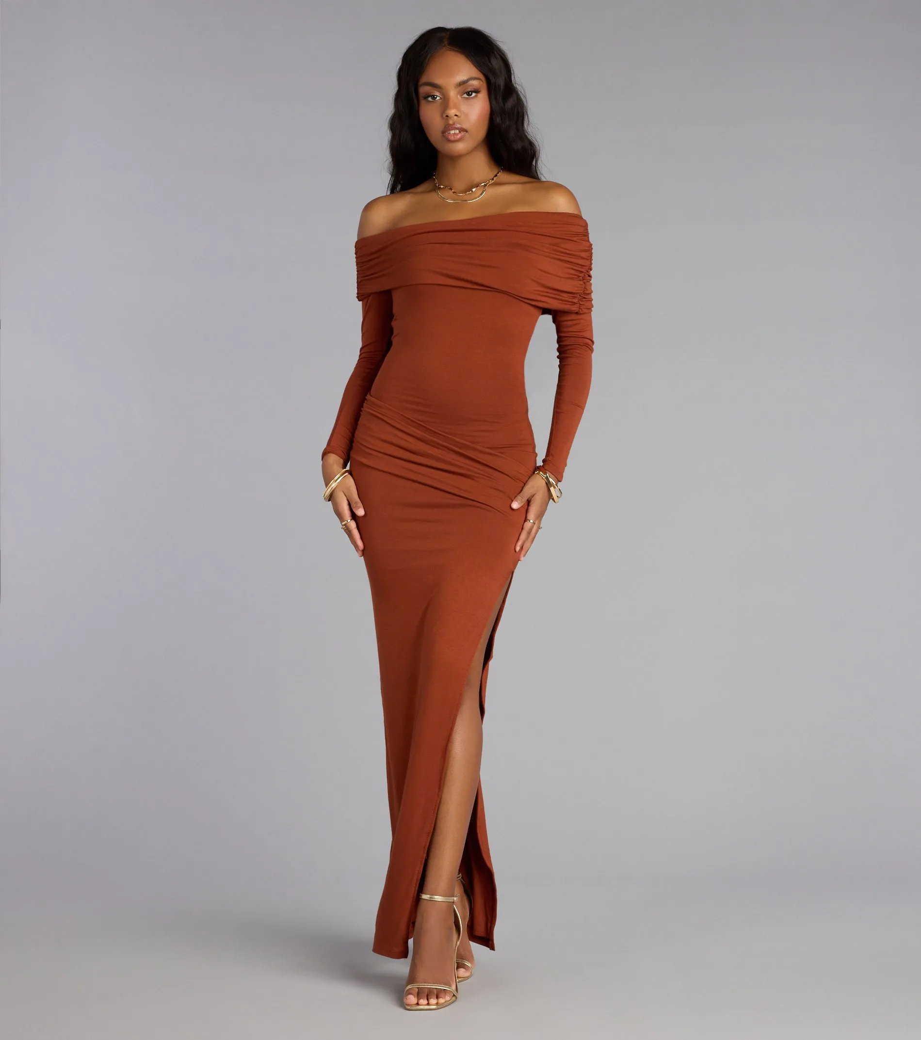Off-The-Shoulder Moments Slit Maxi Dress sold by Windsor